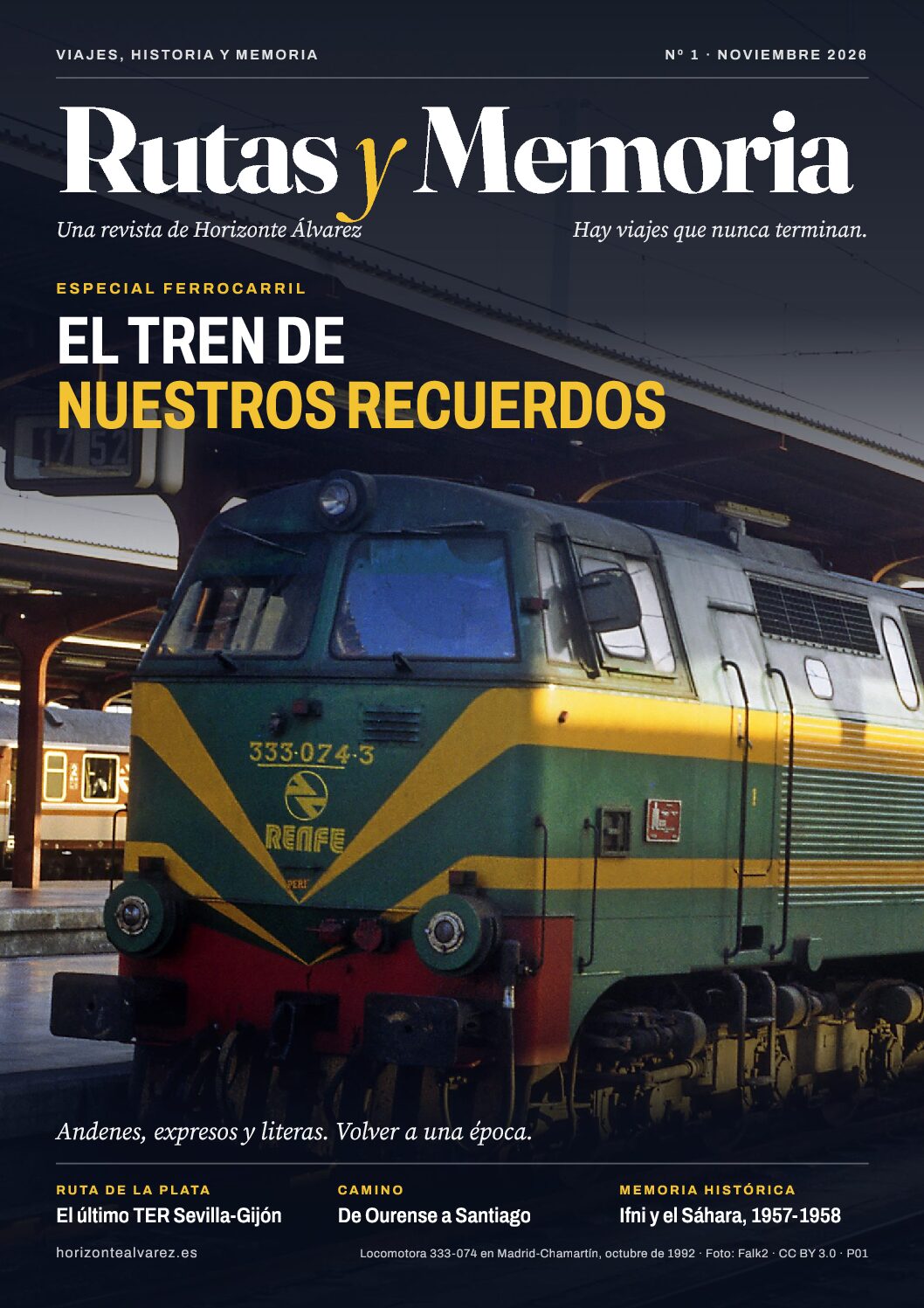 Portada de Rutas y Memoria nº 1, noviembre de 2026: locomotora 333-074 de Renfe en Madrid-Chamartín