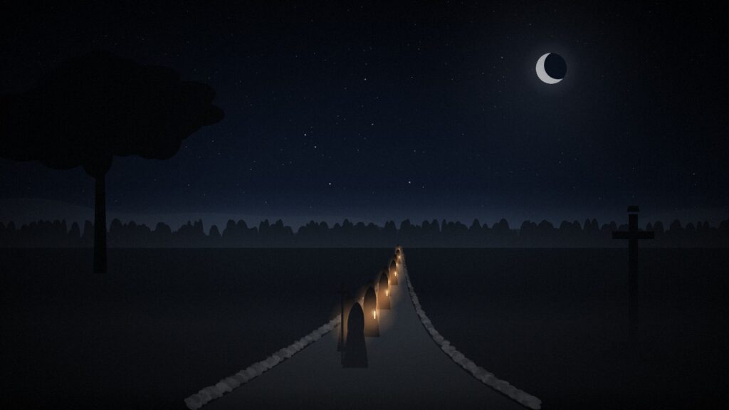 Ilustración de la Santa Compaña: una procesión de figuras encapuchadas con velas avanza de noche por un camino rural de Galicia, junto a un cruceiro de piedra