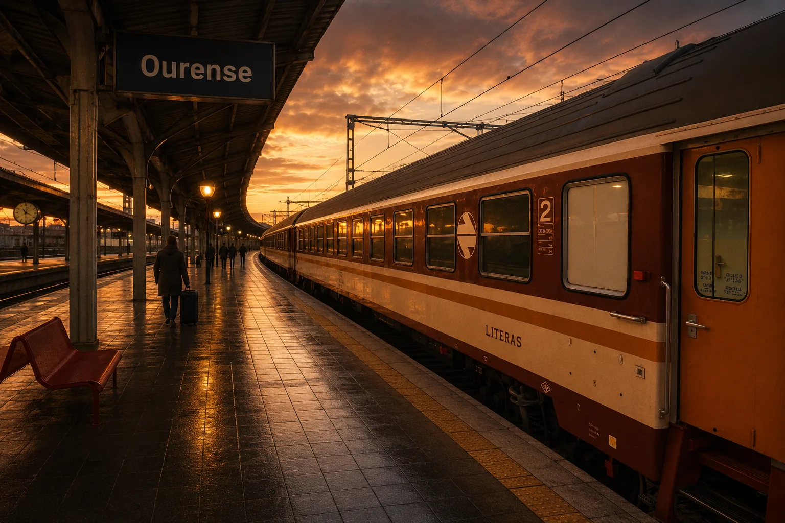 Ilustración de un tren de literas detenido en el andén de la estación de Ourense al atardecer