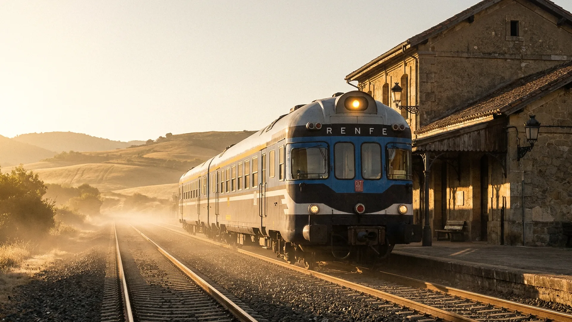 Automotor de RENFE detenido junto a una estación de piedra al atardecer, con colinas al fondo